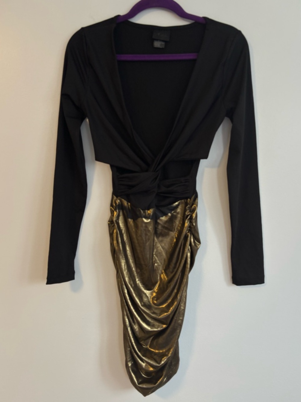 BLVD collection Black Gold Gun Metallic Colorblock Cutout Long Sleeve Midi Dress